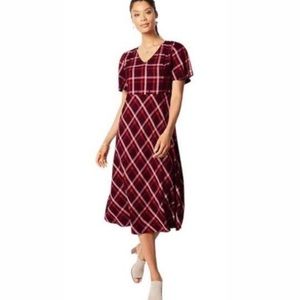 J.Jill NWT Midi Dress Woman Large Short Sleeves Plaid Burgundy Red